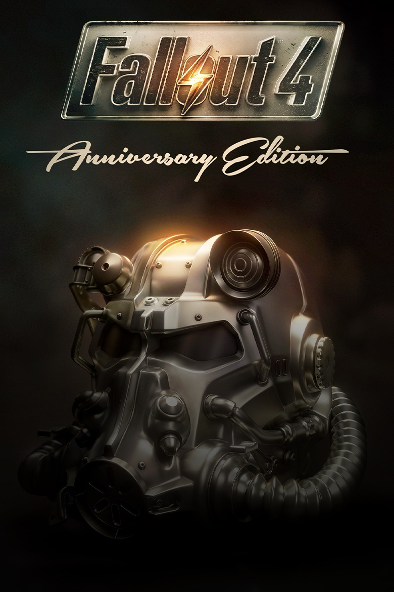 Fallout 4 Anniversary Edition logo. Angled view of a power armor helmet.