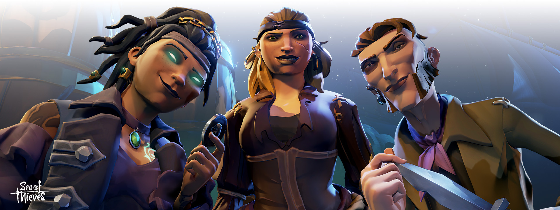 Sea of Thieves logo, a group of pirates huddled together looking down at you.