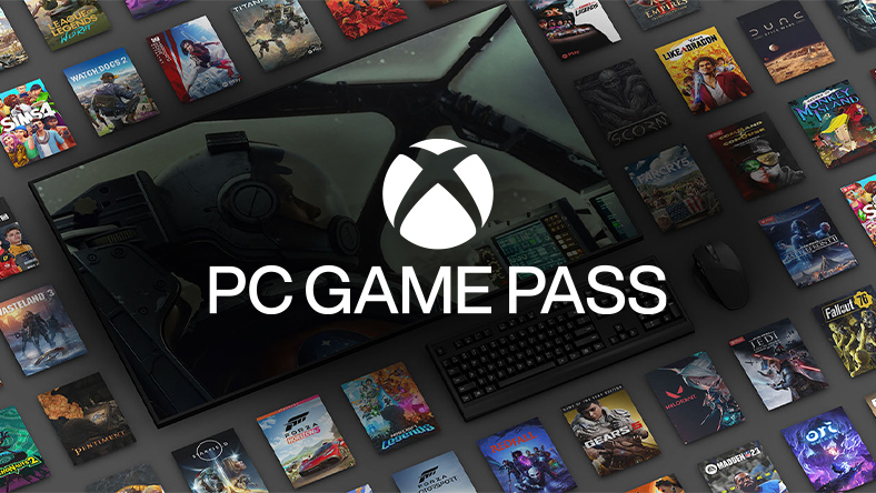 PC Game Pass logo. Mosaic of games in the background