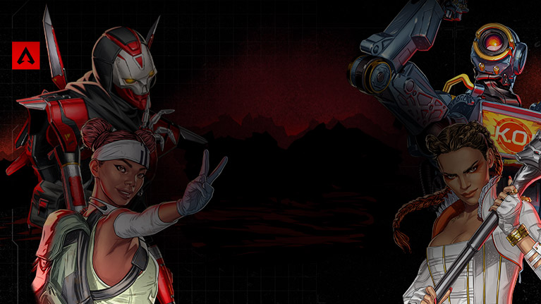 A collage of characters surrounding the Apex Legends logo.