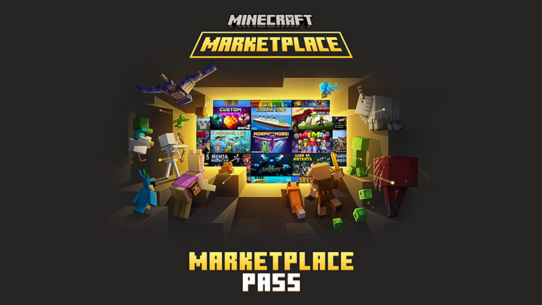 Minecraft Marketplace Pass, characters look at a wall of marketplace content