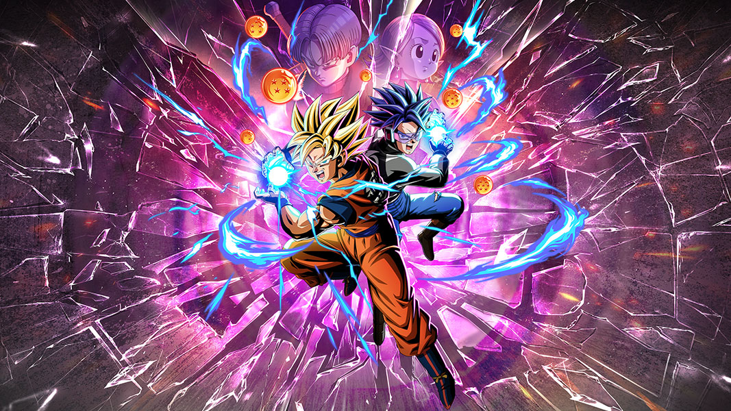 Two characters with spiked hair charge up an energy ball in their hands with purple glass exploding in the background