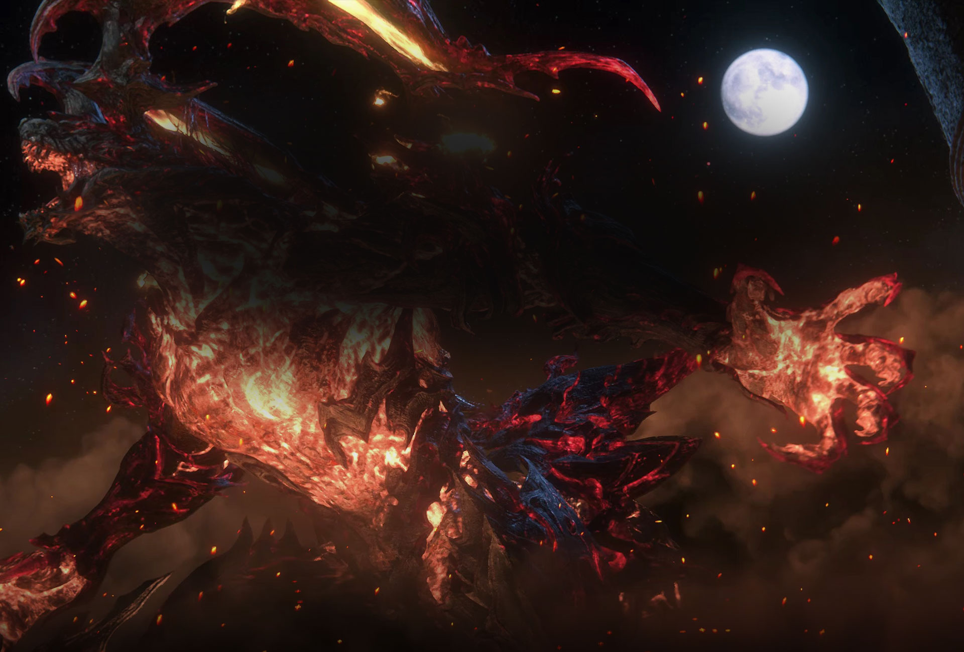 Ifrit, a prominent Eikon from Final Fantasy XVI, steeped in battle under a full moon