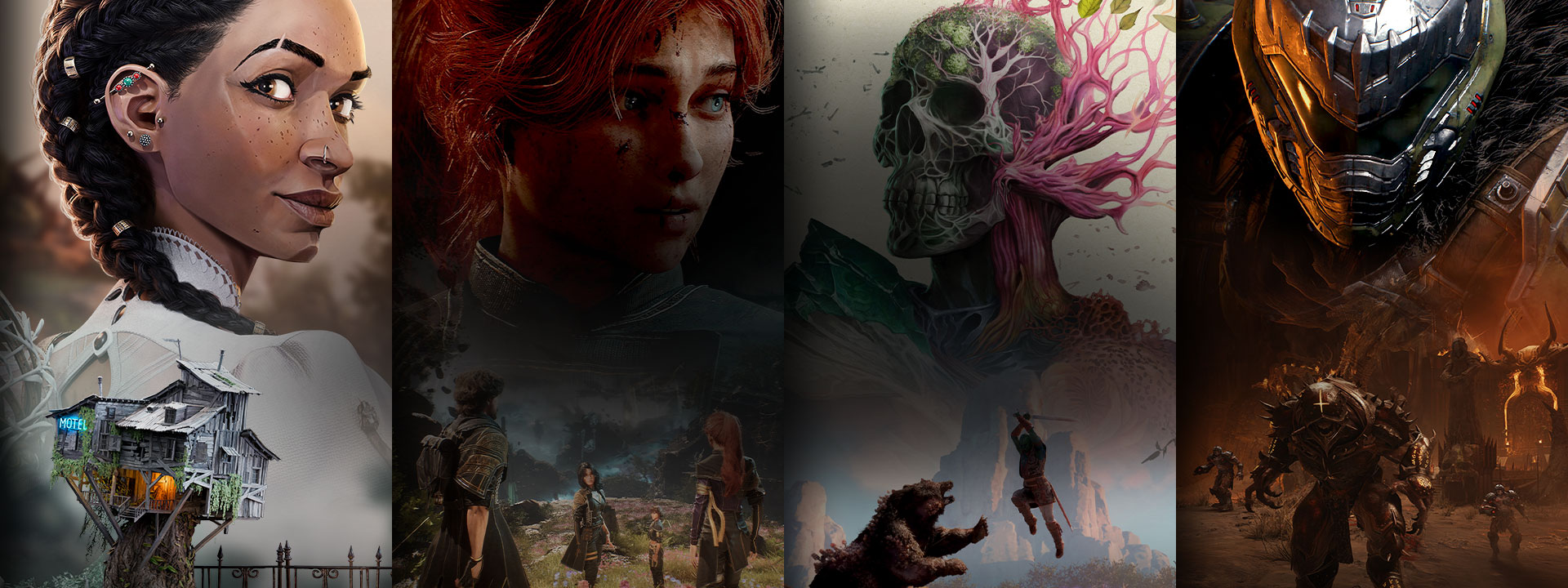 Une sélection de jeux disponibles ou à venir avec le PC Game Pass, dont South of Midnight, Clair Obscur: Expedition 33, Avowed et DOOM: The Dark Ages