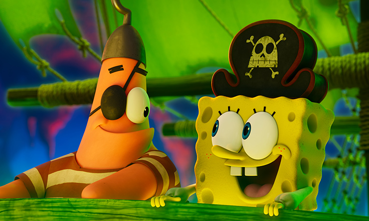 SpongeBob SquarePants and Patrick Star dressed as pirates, on a ghost ship.