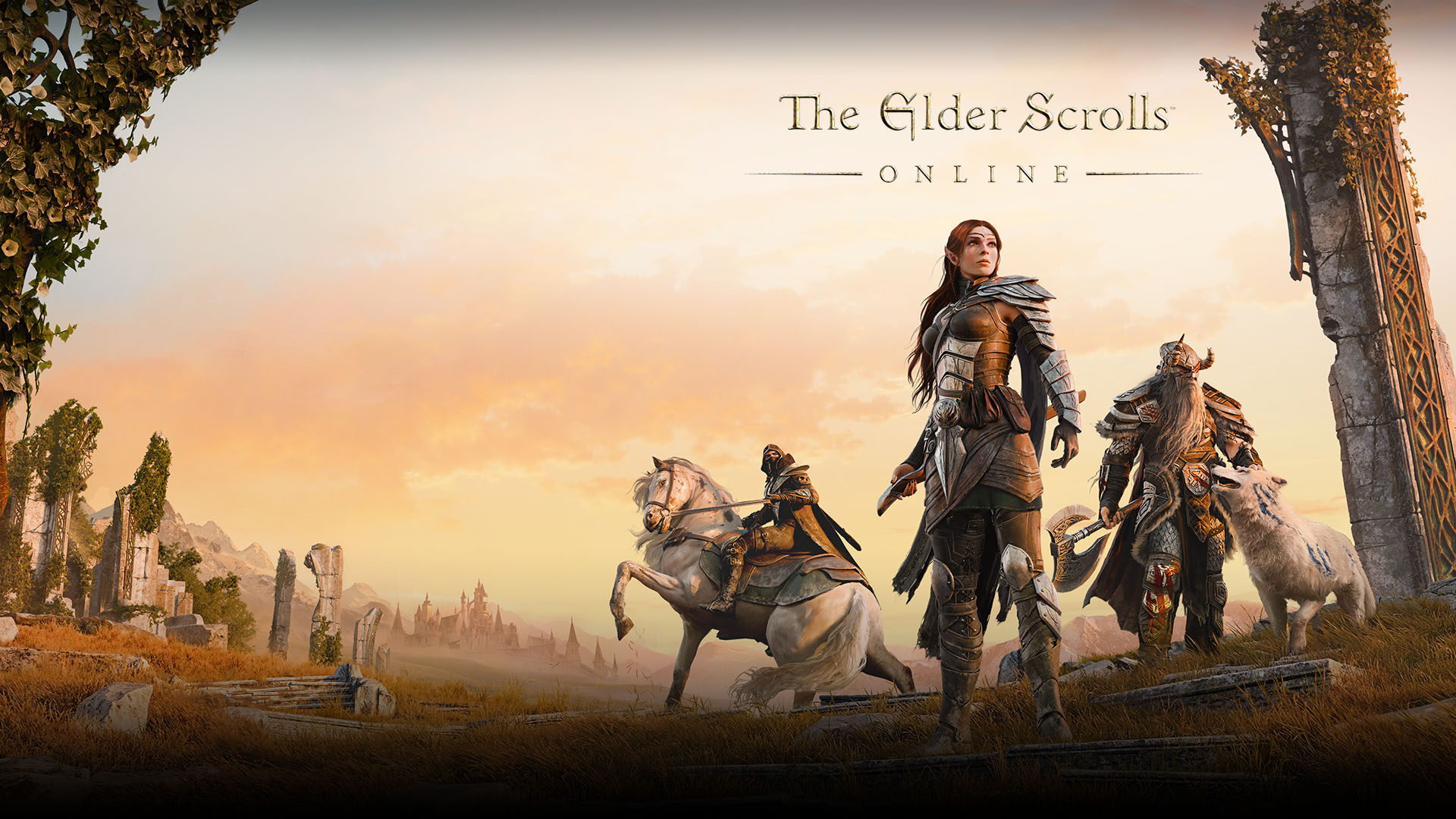 The Elder Scrolls Online, three figures and a dog, stand on a grassy field of stone ruins.