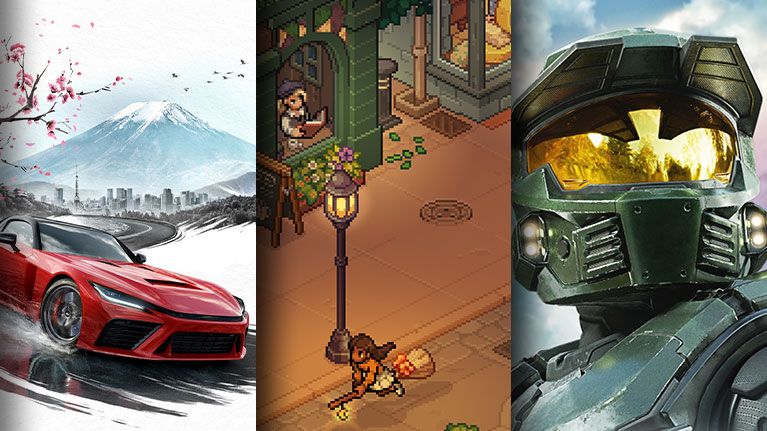 Game art from three titles arriving day one on Game Pass including Forza Horizon 6, Witchbrook, and Halo: Campaign Evolved.