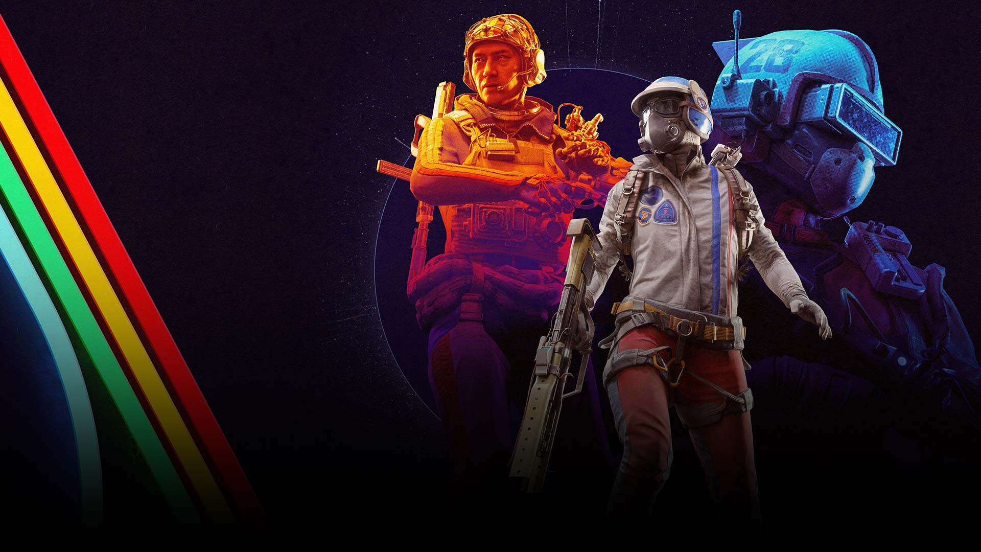 Three Raiders shaded in the game’s signature colors, standing against a stylized background with bold teal and orange tones