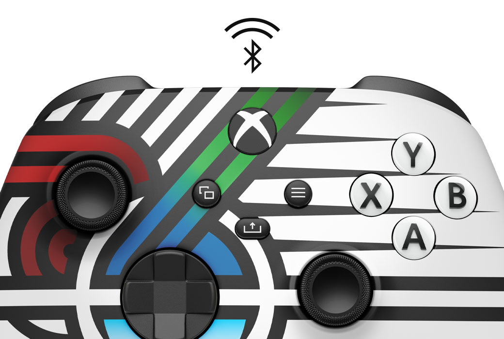 Vue rapprochée centrée de la manette sans fil XBOX – Team Spirit en édition limitée avec XBOX Design Lab, avec un logo Bluetooth