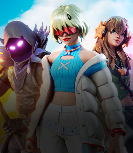 Trois personnages de Fortnite debout en groupe devant une scène de concert, une explosion et d’autres personnages courant à l’arrière-plan.