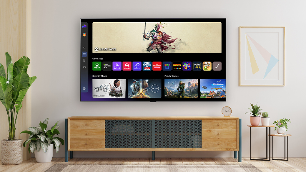 大型の LG のスマート TV に表示されている