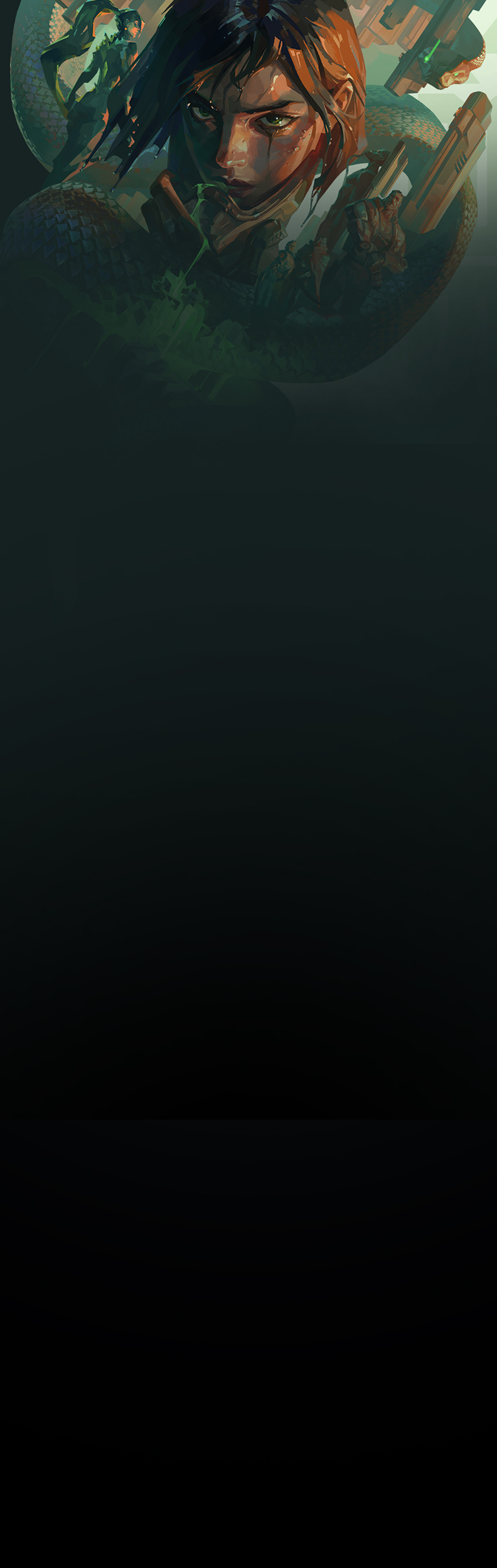 A collage of a woman staring intently with a snake wound around her, with images of other characters and a city skyline.