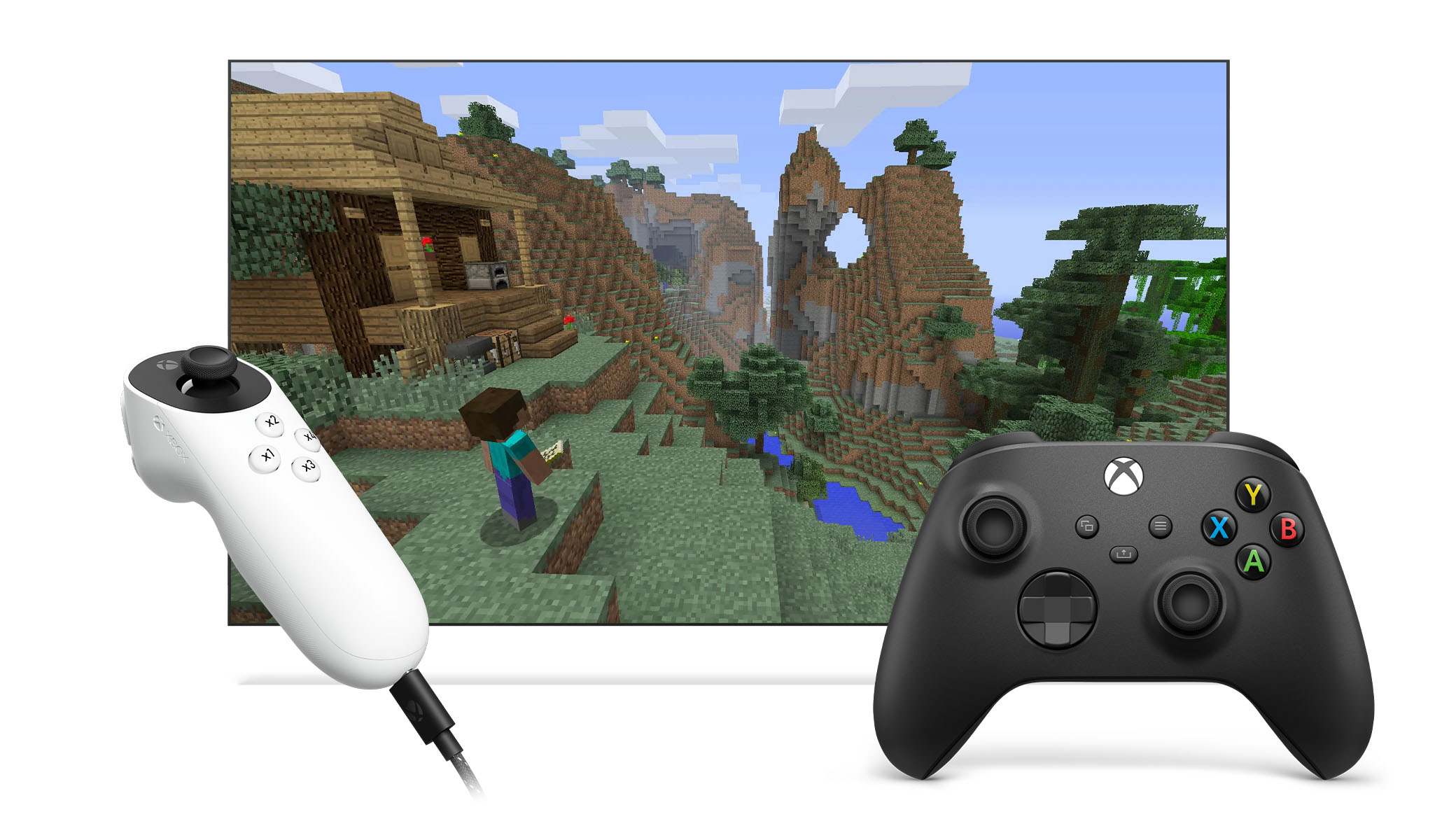 Två handkontroller, en trådlös Xbox-handkontroll och en Xbox Adaptive Joystick som länkats via kontrollhjälp för Xbox för att spela Minecraft.