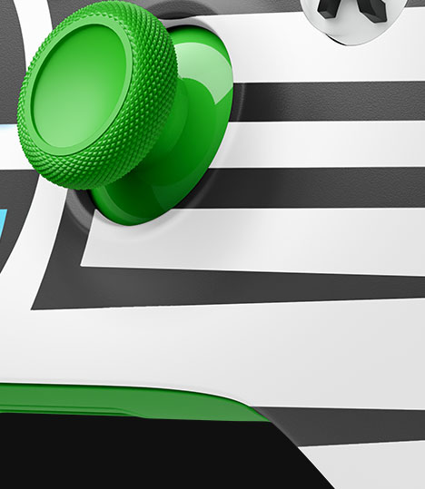 Vue rapprochée de face de la poignée de droite, avec l’arrière de la manette sans fil XBOX – Team Spirit en édition limitée avec XBOX Design Lab
