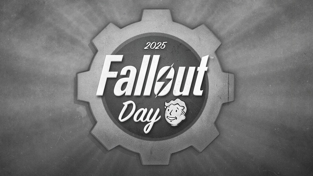 2025, Fallout Day, black and white illustration of a large gear with the Vault Boy logo on it.