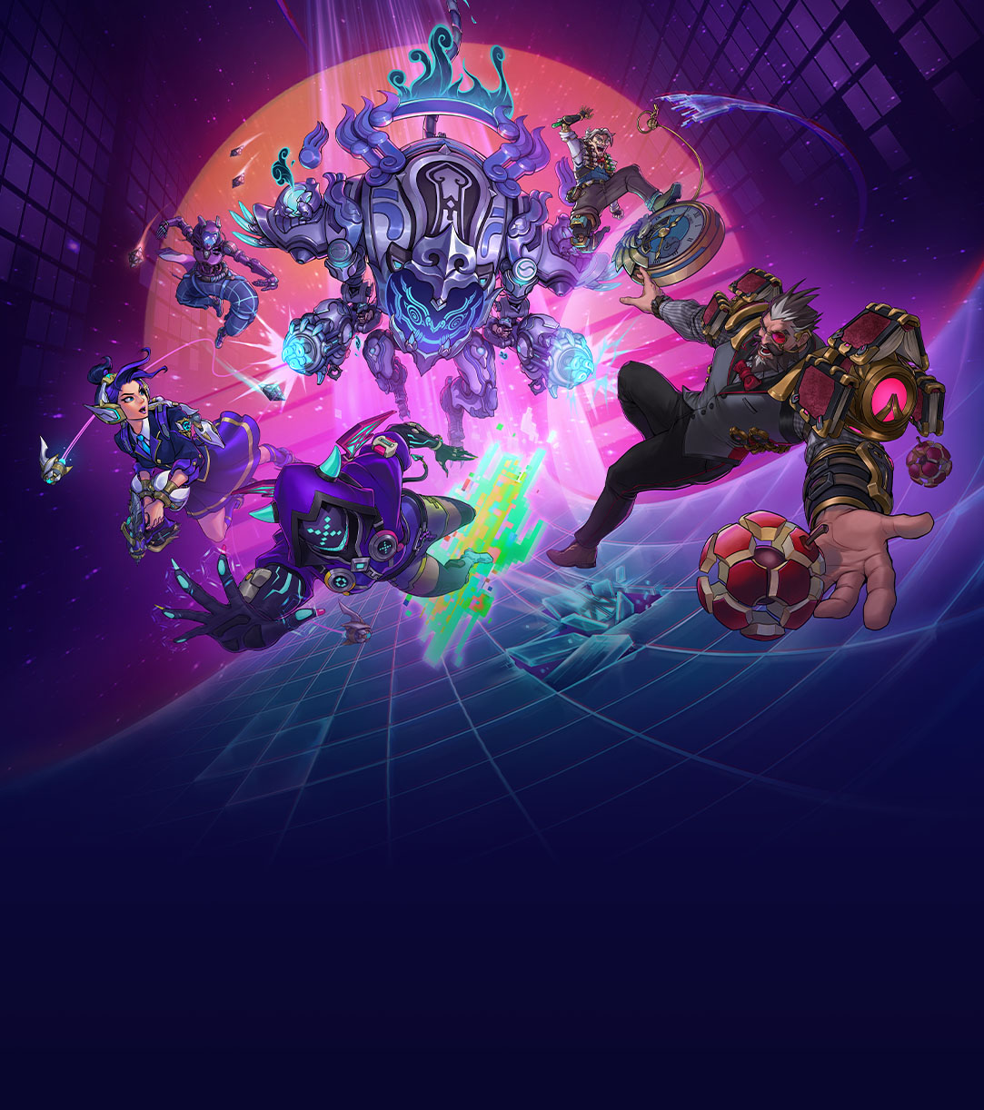 In a colorful cyberspace, a group of Overwatch characters dive forward.