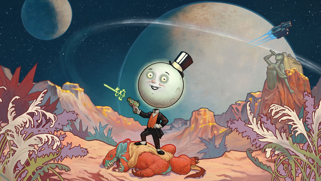 The Moon man standing on a monster while shooting a laser with large planets orbiting in the background. 