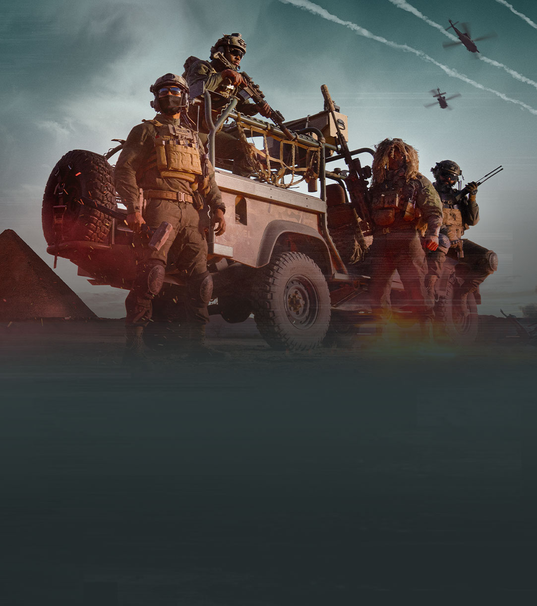 Four soldiers stand with a military vehicle in a desert as aircraft flies overhead.