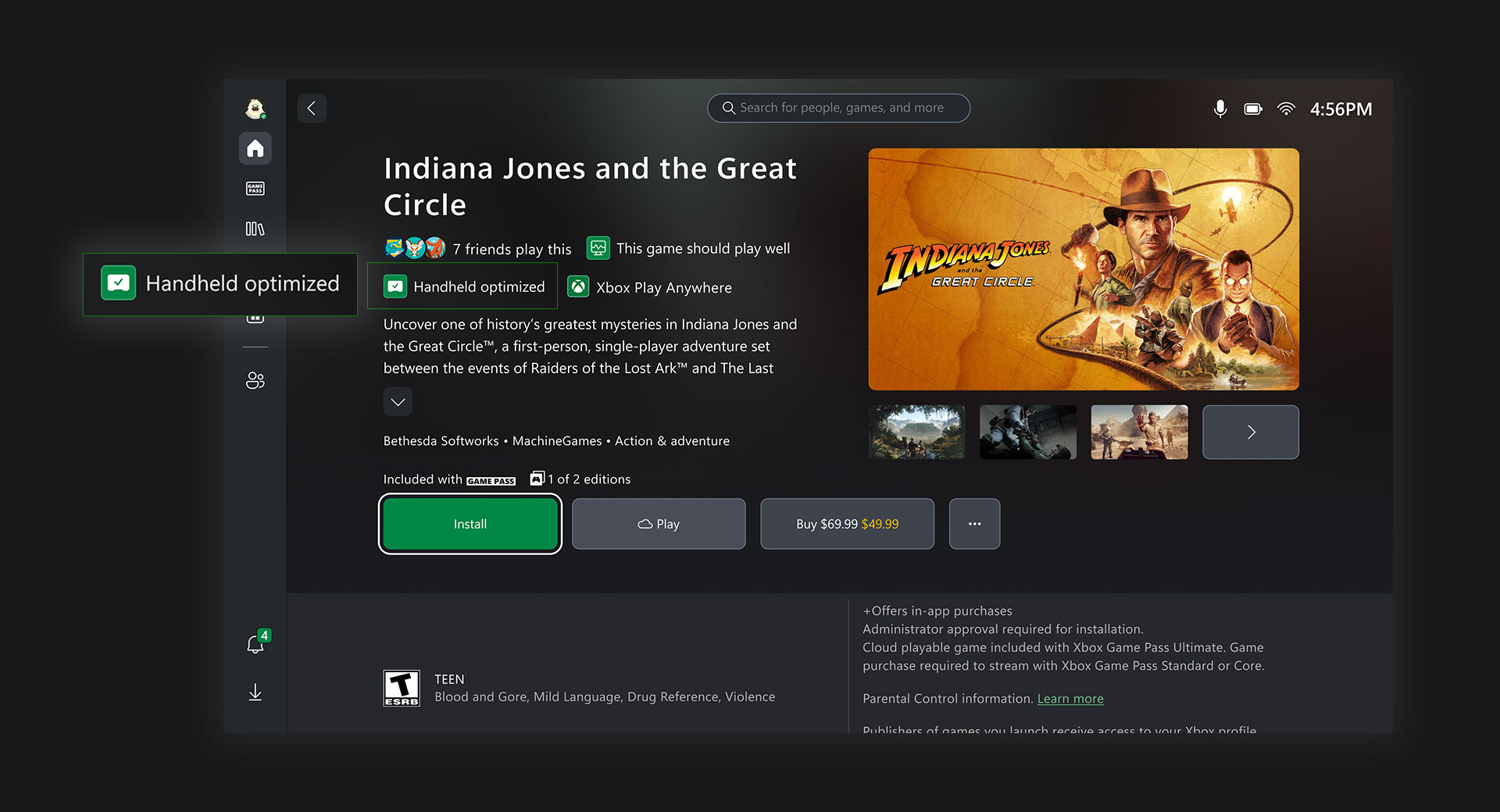 L’UI de ROG montrant l’icône Optimisé pour les appareils portables sur la page du jeu Indiana Jones. 