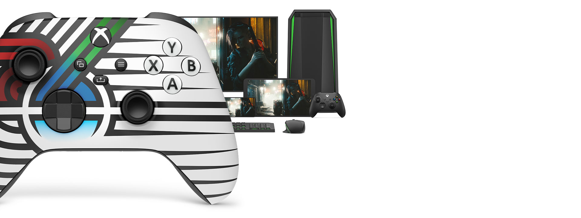 Vue frontale de la manette sans fil XBOX – Team Spirit en édition limitée avec XBOX Design Lab, avec différentes plateformes compatibles en arrière-plan