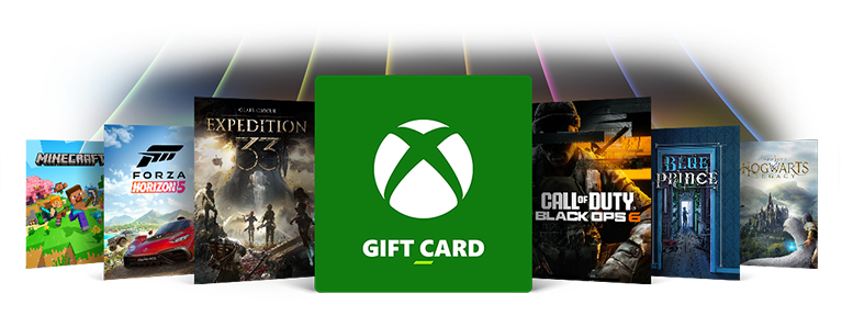 Eine Xbox-Geschenkkarte umgeben von Produktabbildungen für Spiele, die im Microsoft-Store gekauft werden können 