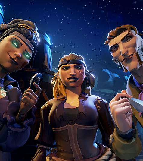 Three pirates look down smirking, on the left a woman with dreadlocks, glowing green eyes, and holding a medallion, in the middle, a blond woman with a scar on her left cheek, and on the right a man with large sideburns holding a dagger menacingly.