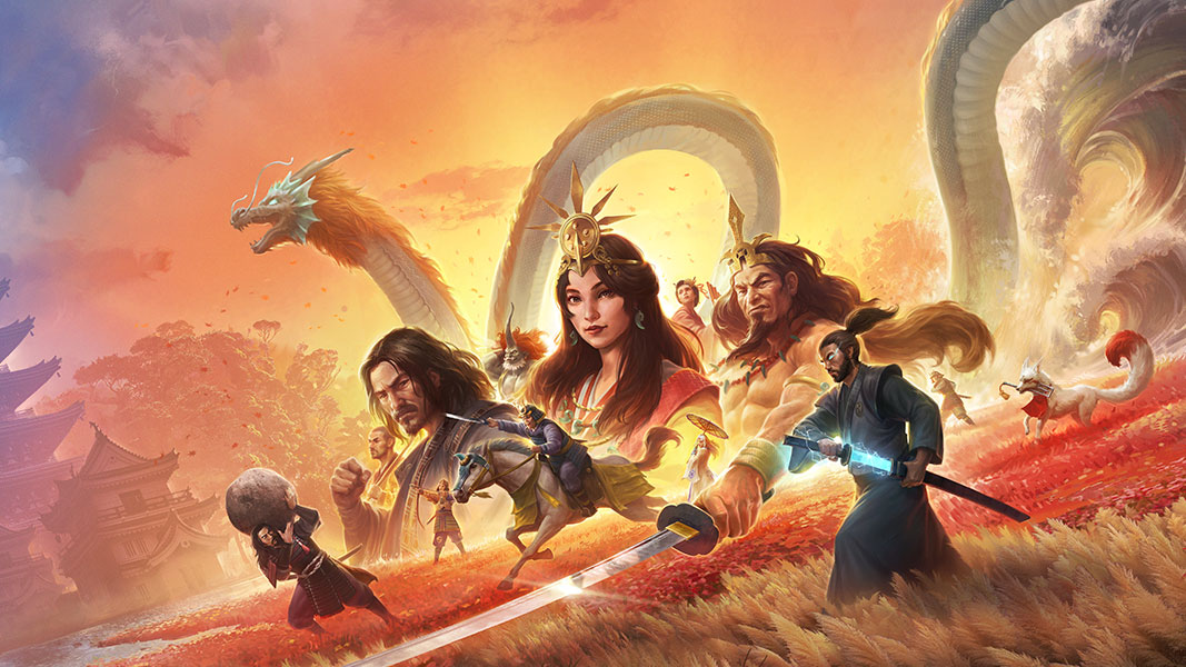 A collage of characters and a Japanese dragon over a wheat field. 