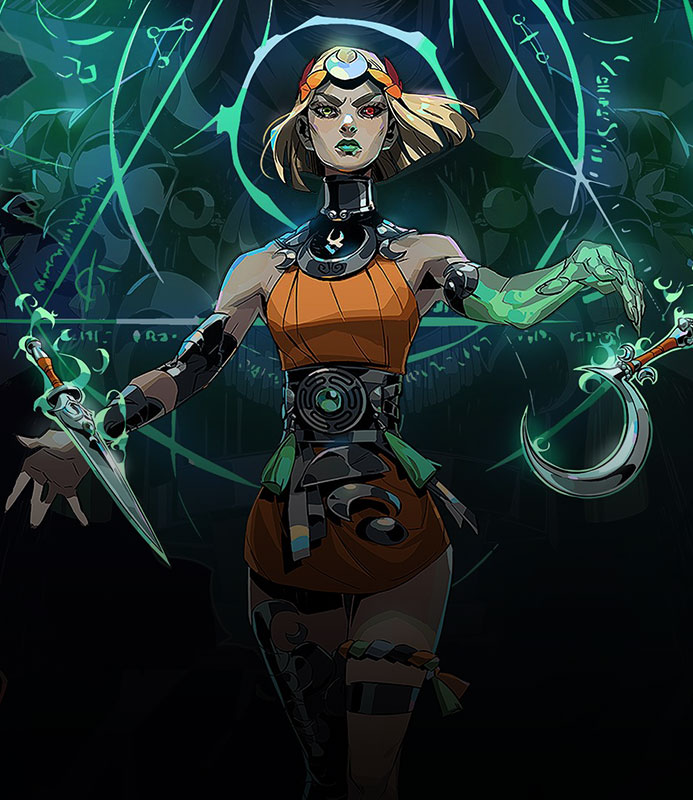 Key art for Hades II featuring a god-like character standing with arms extended, holding two glowing curved blades as swirling green symbols and energy patterns fill the sci‑fi backdrop.