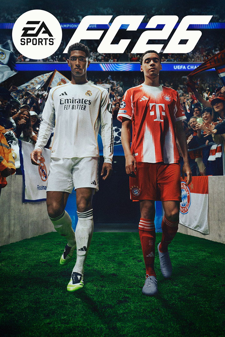EA Sports-logoen, FC26, Jude Bellingham og Jamal Musiala går ut av spillertunnelen og inn på et stadion fullt av jublende fans