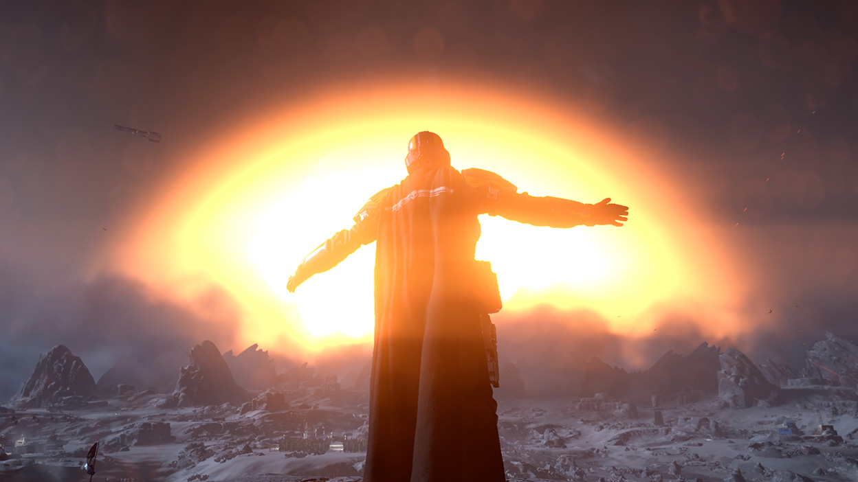 A Helldiver raises their arms in front of a sunrise.