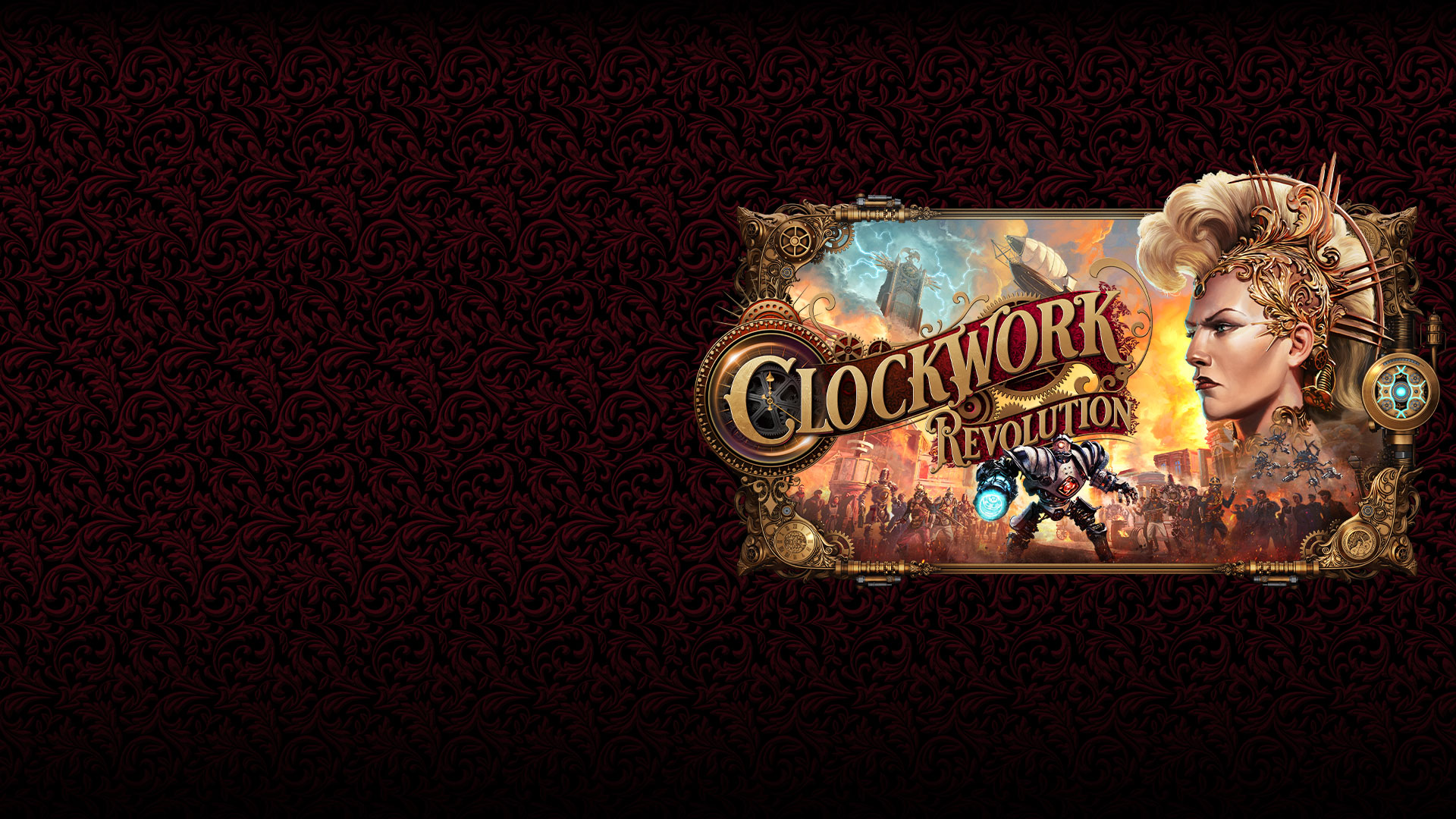 Clockwork revolution logo, a woman with a mohawk and ornate gold headpiece looks out over an industrial city with civilians in battle stances
