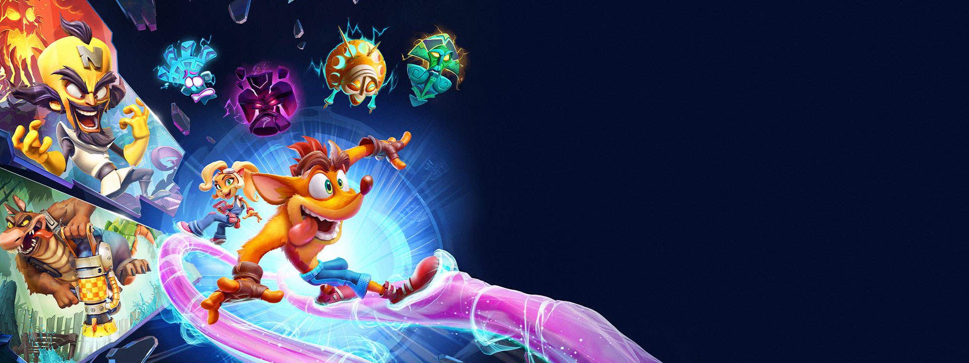 Crash and Coco Bandicoot ride pink time streams out of a blue portal with villains in fragmented frames next to them.