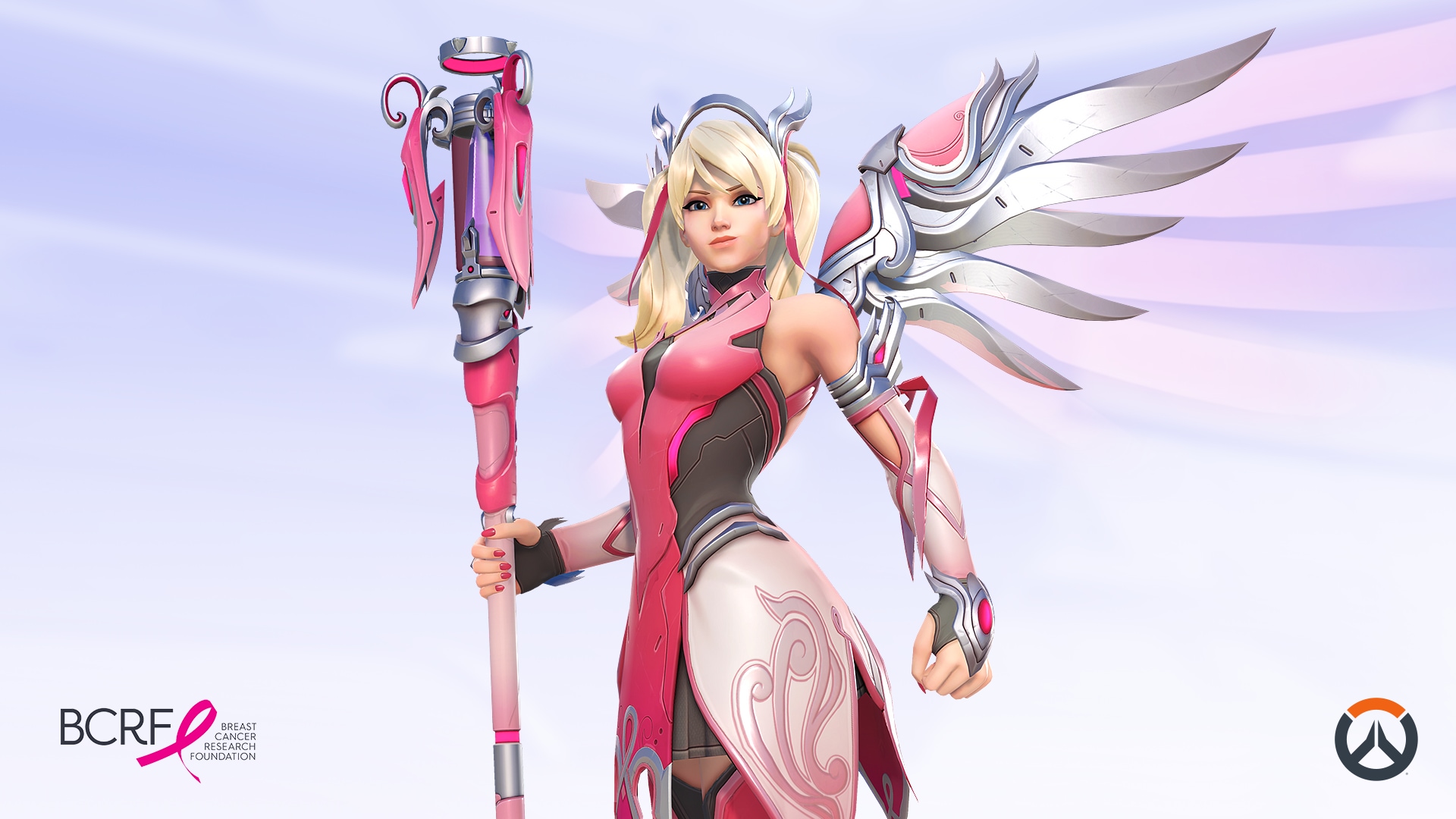 Overwatch 2 logo, Breast Cancer Research Foundation logo, the character Pink Mercy standing tall.