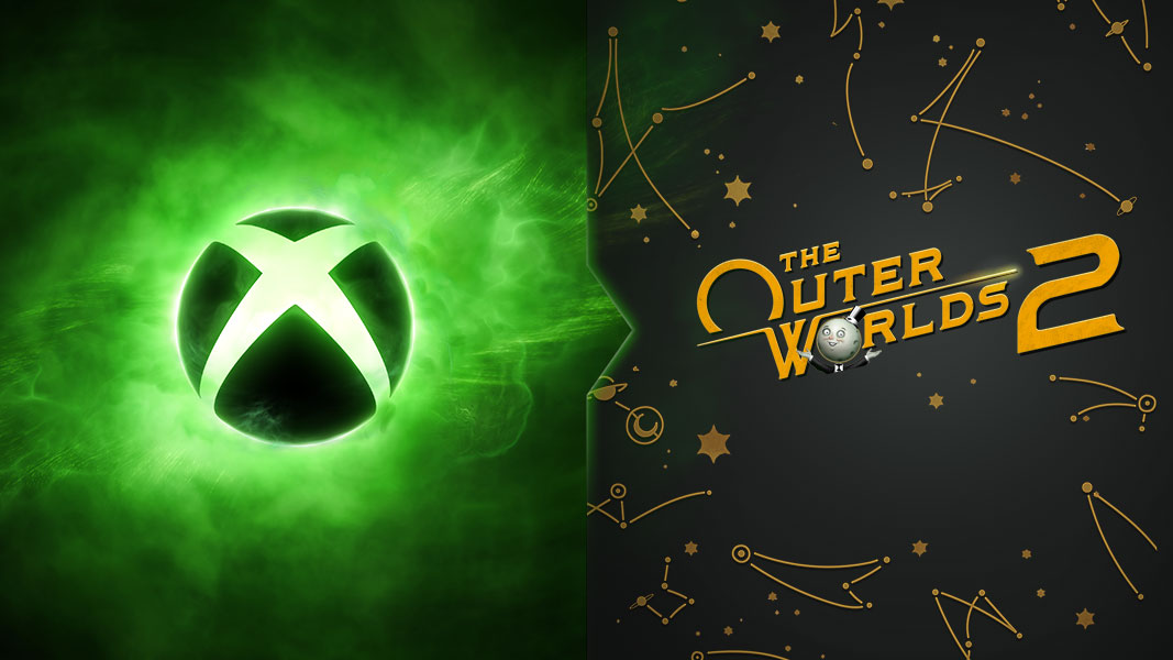 Xbox sphere surrounded by a fog of bright-green plasma, including a double-feature section for The Outer Worlds 2 Direct.