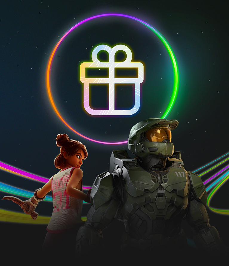 Ein Geschenksymbol in einem leuchtenden Neonkreis umgeben von Charakteren von Microsoft Flight Simulator, Sea of Thieves, Grounded 2 und Halo Infinite.
