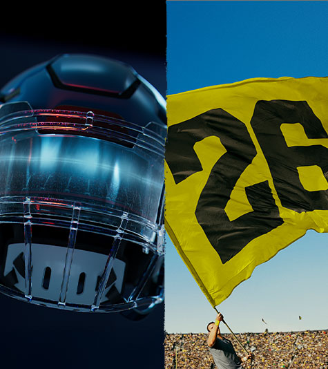 A collage of two images, including a blue futuristic football helmet and a yellow flag with the number 26.