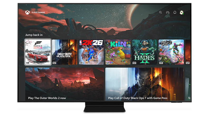 A smart TV showing the XBOX app home screen.