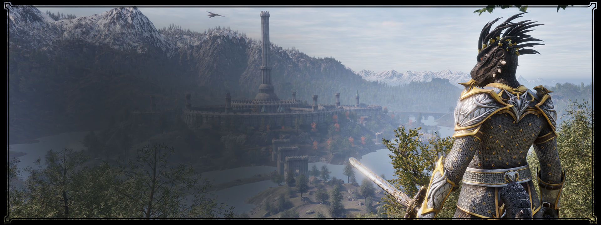 爬虫類型のヒューマノイドが、草に覆われた丘の上に立ち、壮大な中世の都市を見下ろしています。