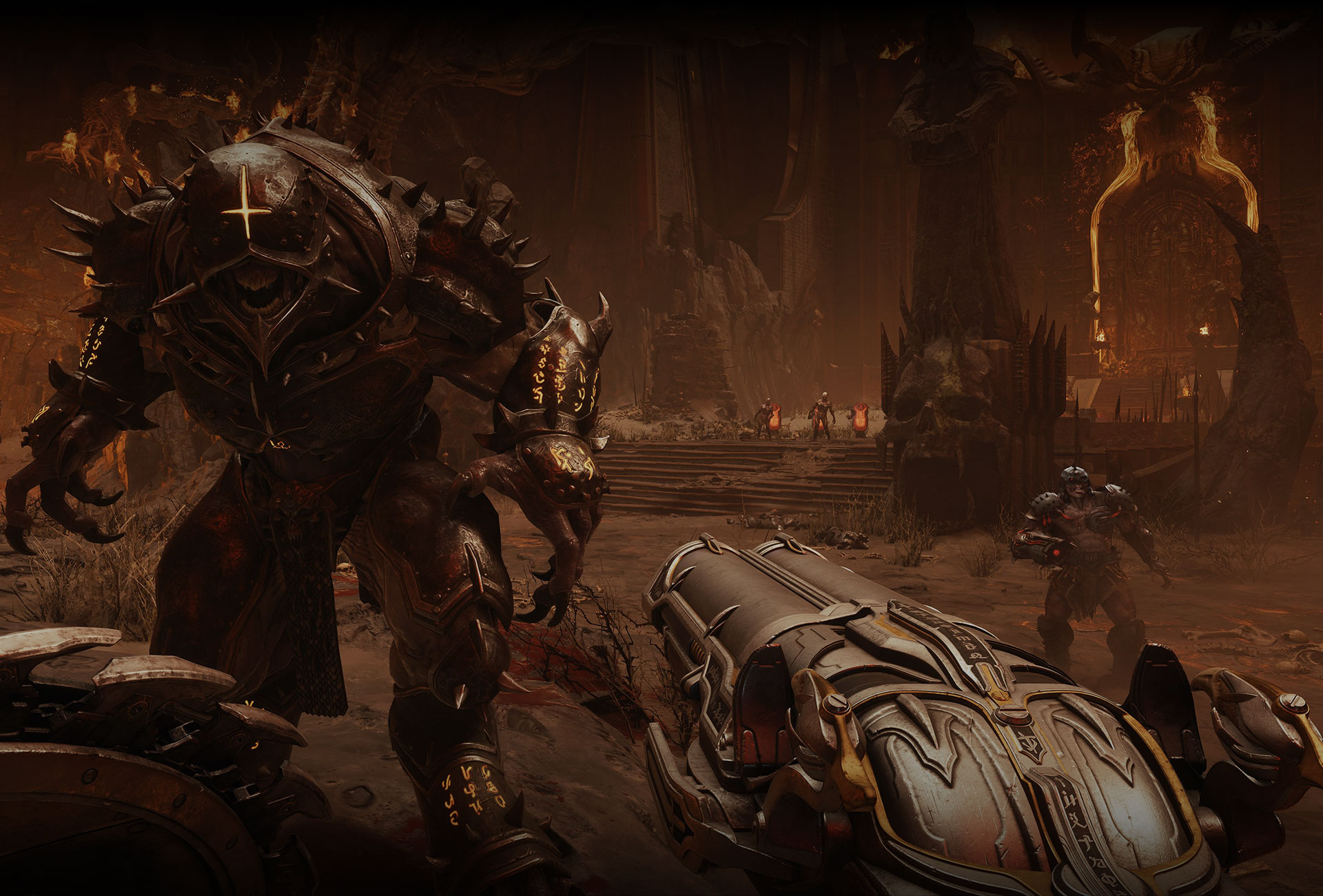 Armored enemies covered in glowing runes protect the burning gates of hell.