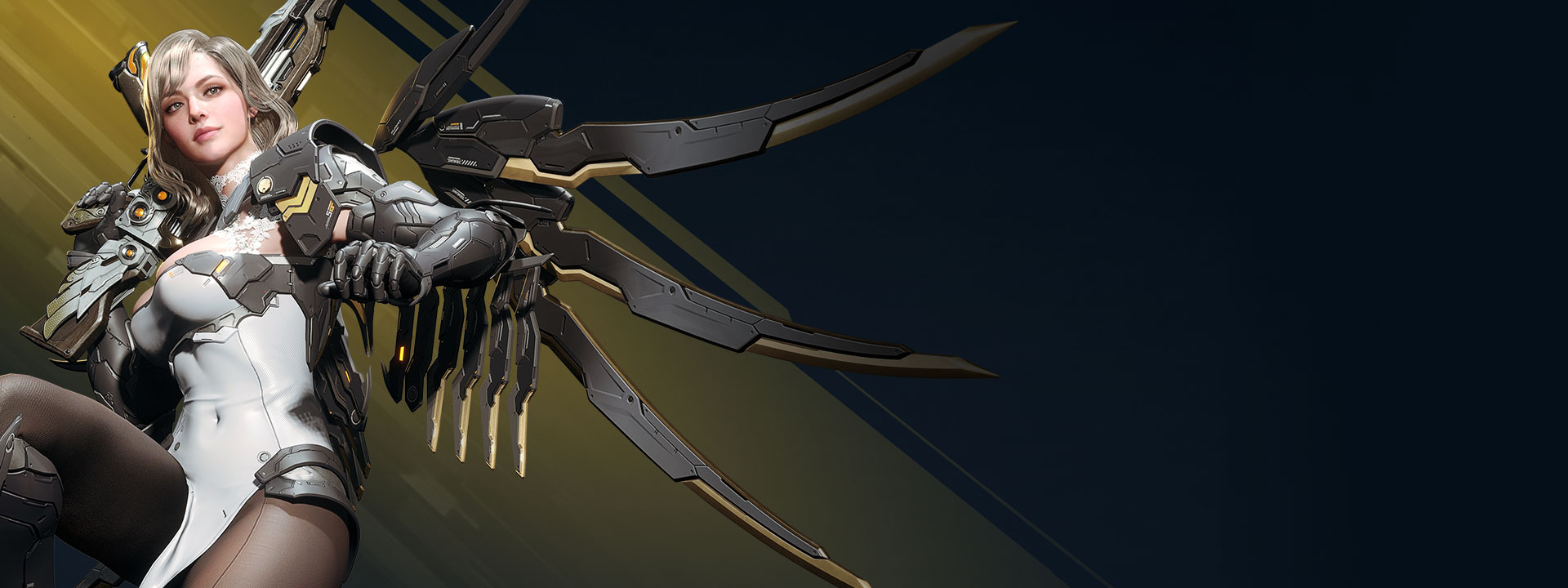 A woman with mechanical angel wings holding a rifle to her shoulder. 