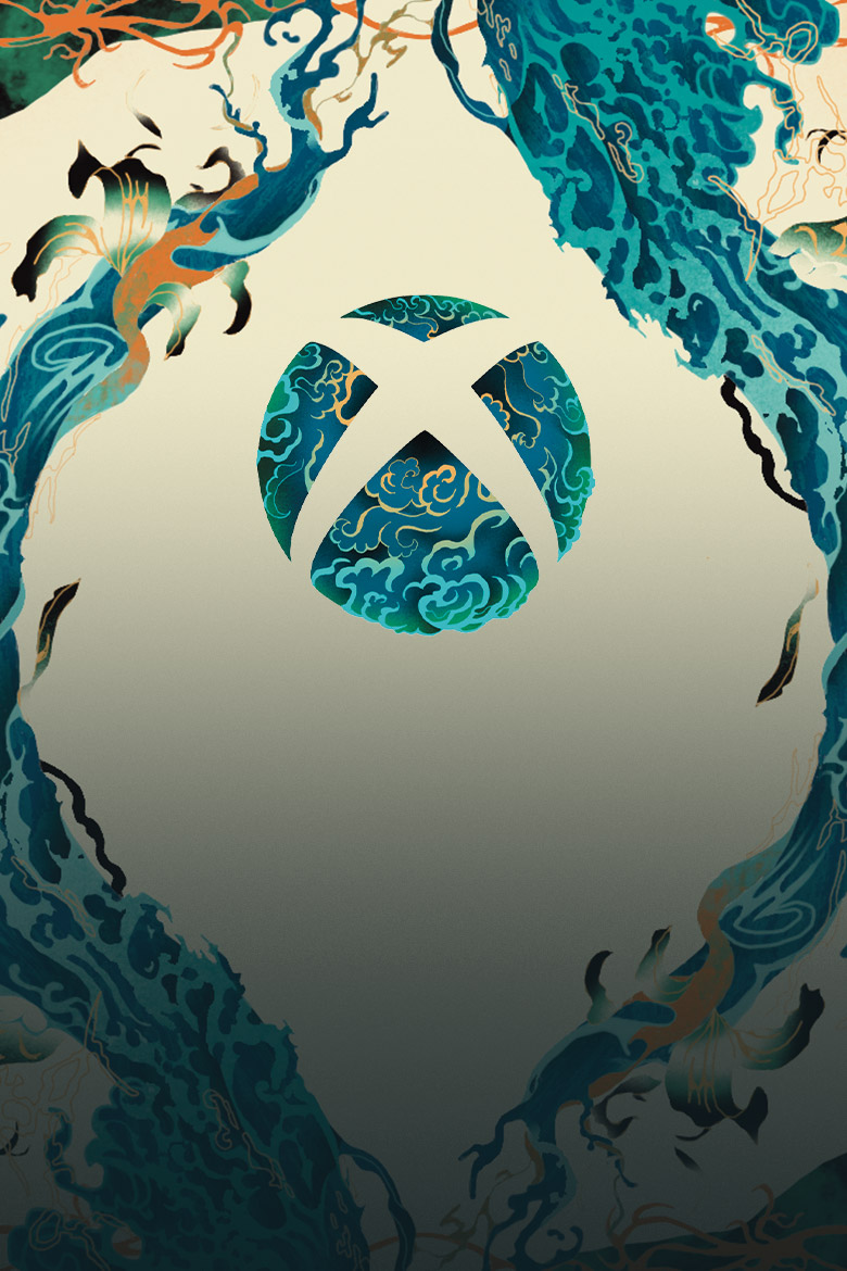 The Xbox logo filled and surrounded by Asian and Pacific Islander-inspired patterns.