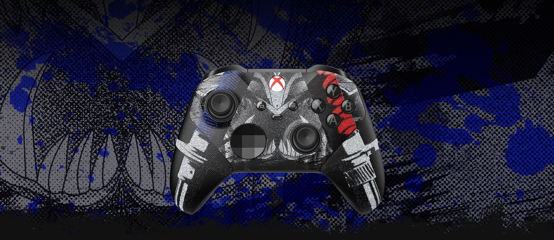 Mukautettava langaton Xbox Elite Series 2 NINJA GAIDEN 4 -ohjain sinistä roiskeväristä taustaa vasten.
