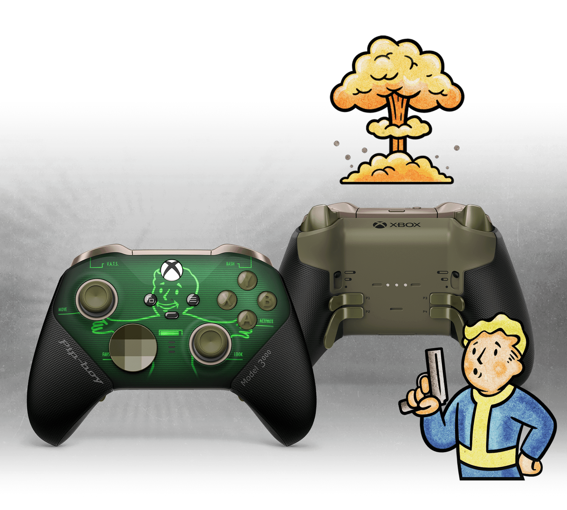 Vault Boy holding a weapon with an atomic bomb explosion in the distance
