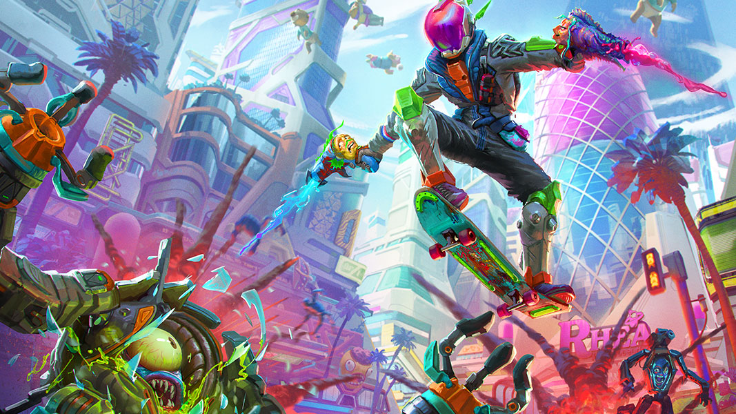 The Bounty Hunter soars through the air on their skateboard in a futuristic city.