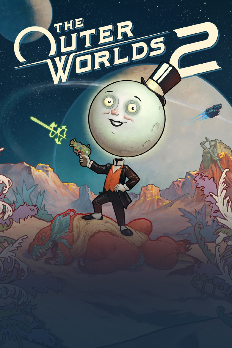 The Outer Worlds 2 logo, the Moon man standing on a monster while shooting a laser with large plants orbiting in the background.