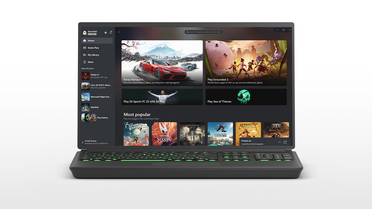Bir dizüstü bilgisayar ekranında gösterilen Xbox bilgisayar uygulaması kullanıcı arabirimi