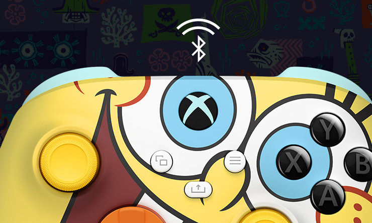 Detailed view of the top half of  Xbox Elite Wireless Controller Series 2 – The SpongeBob Movie Limited Edition and a Bluetooth technology  logo