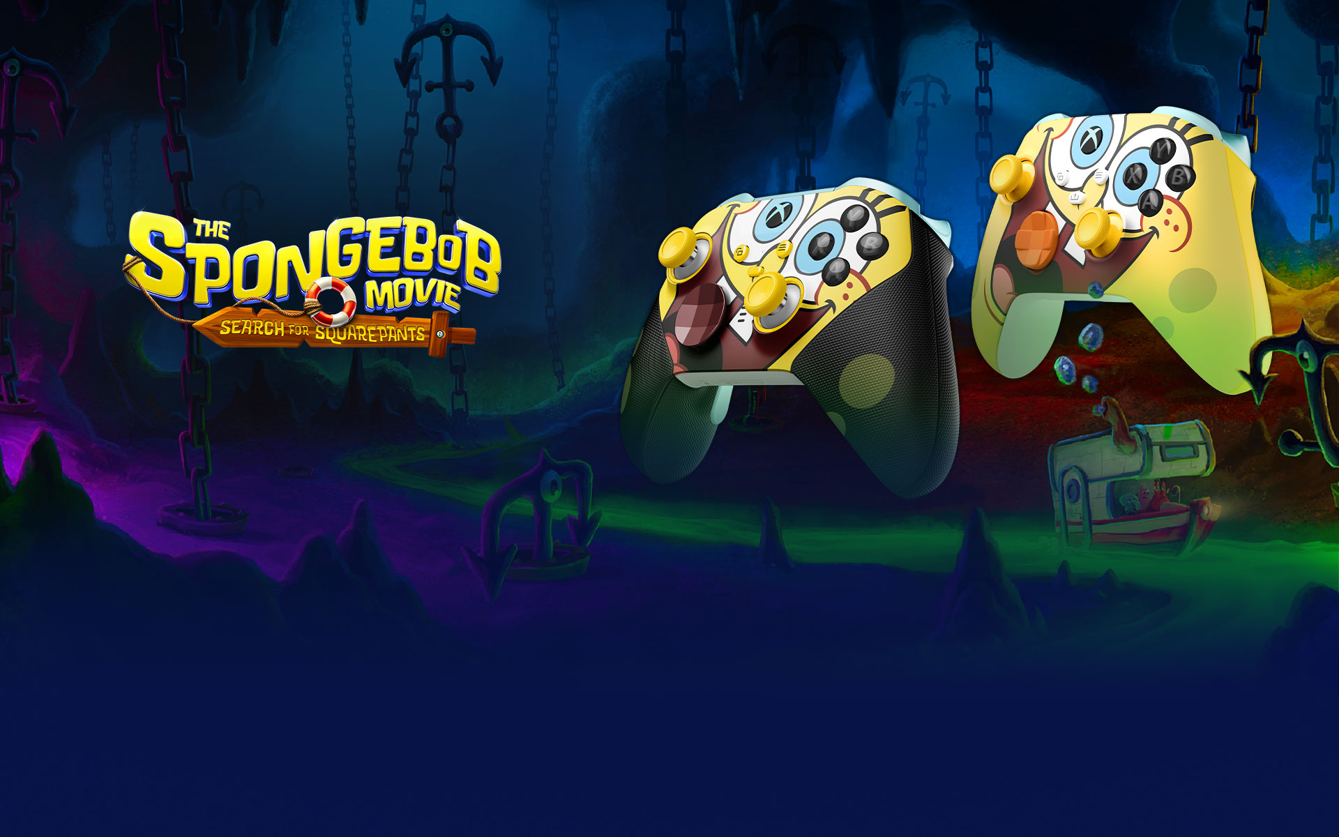 The SpongeBob Movie: Search for SquarePants, both Xbox Limited Edition SpongeBob Movie Wireless and Elite Series 2 controllers in a moody underwater background from the SpongeBob movie.