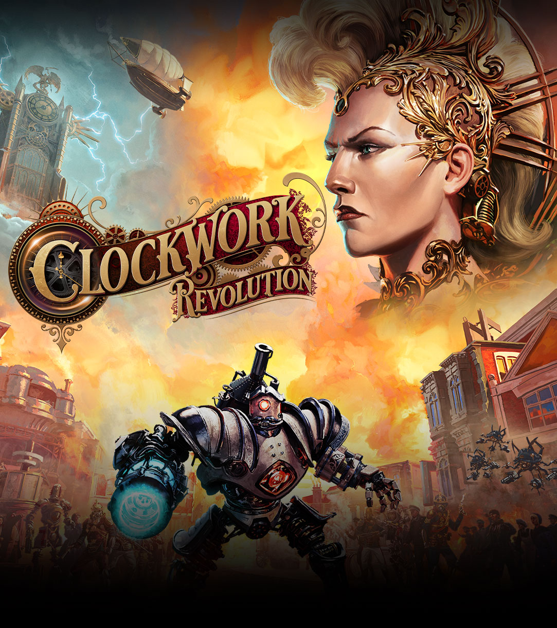 Clockwork Revolution logo, a giant steam punk robot stands primed for battle, as officers and townspeople gather around in the city centre and a blimp flies above.