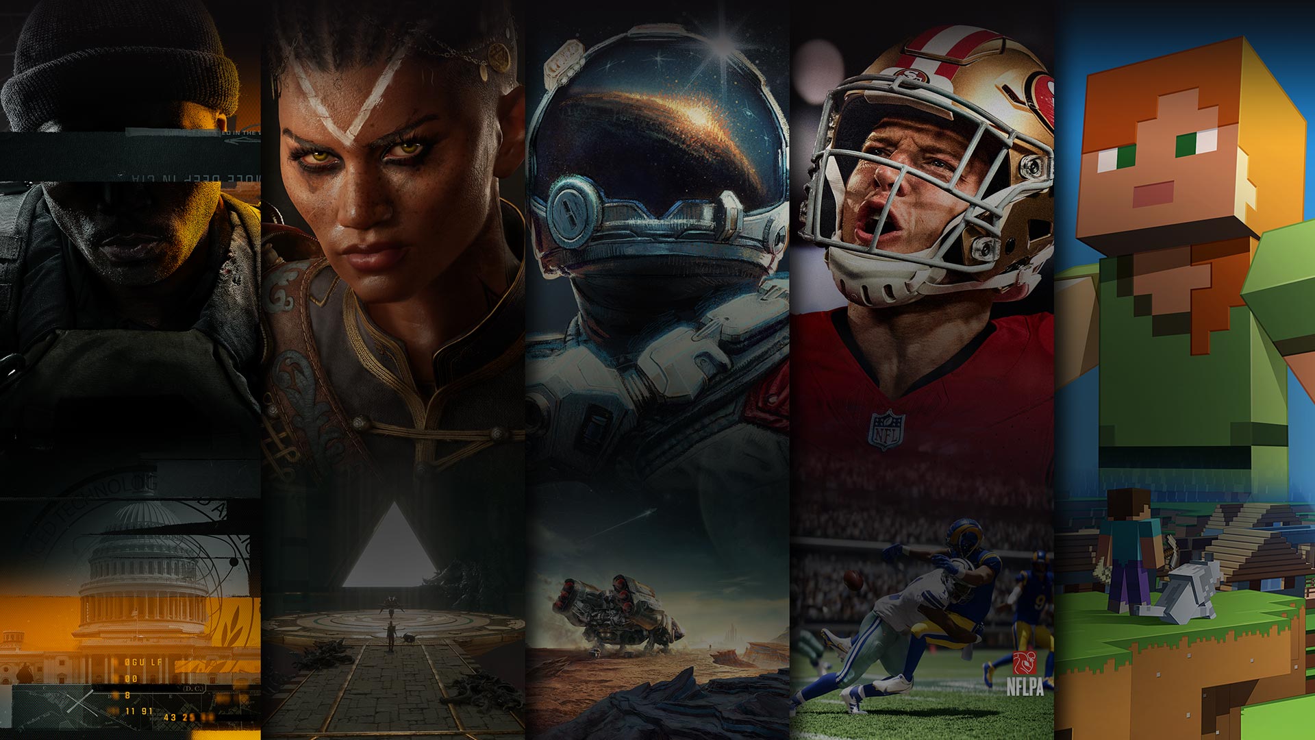 Game art from multiple games available with Xbox Game Pass including Call of Duty - Black Ops 6, Flintlock - The Siege of Dawn, Starfield, Madden NFL 25 and Minecraft